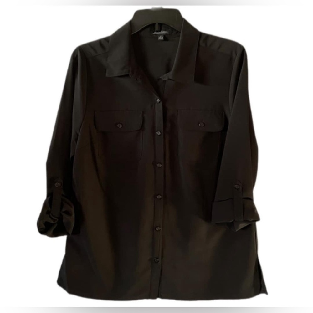 Notations Black Button Down Shirt 3/4 Sleeve Notched Collar Size XXL EUC